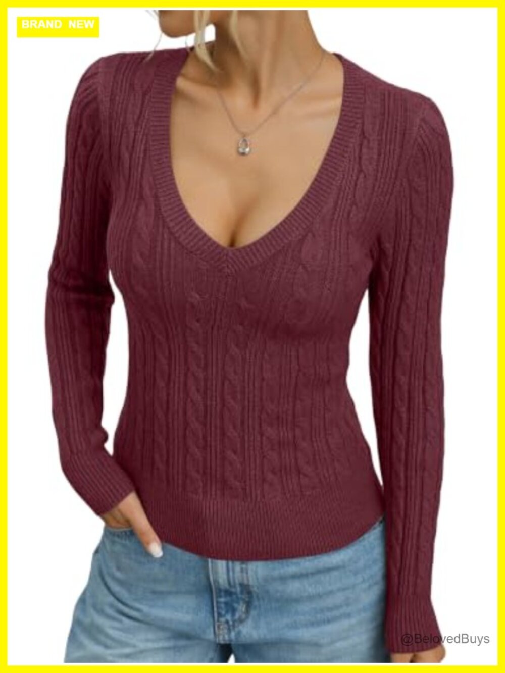 Women's Cable Knit V-Neck Fitted Chunky Pullover Sweater